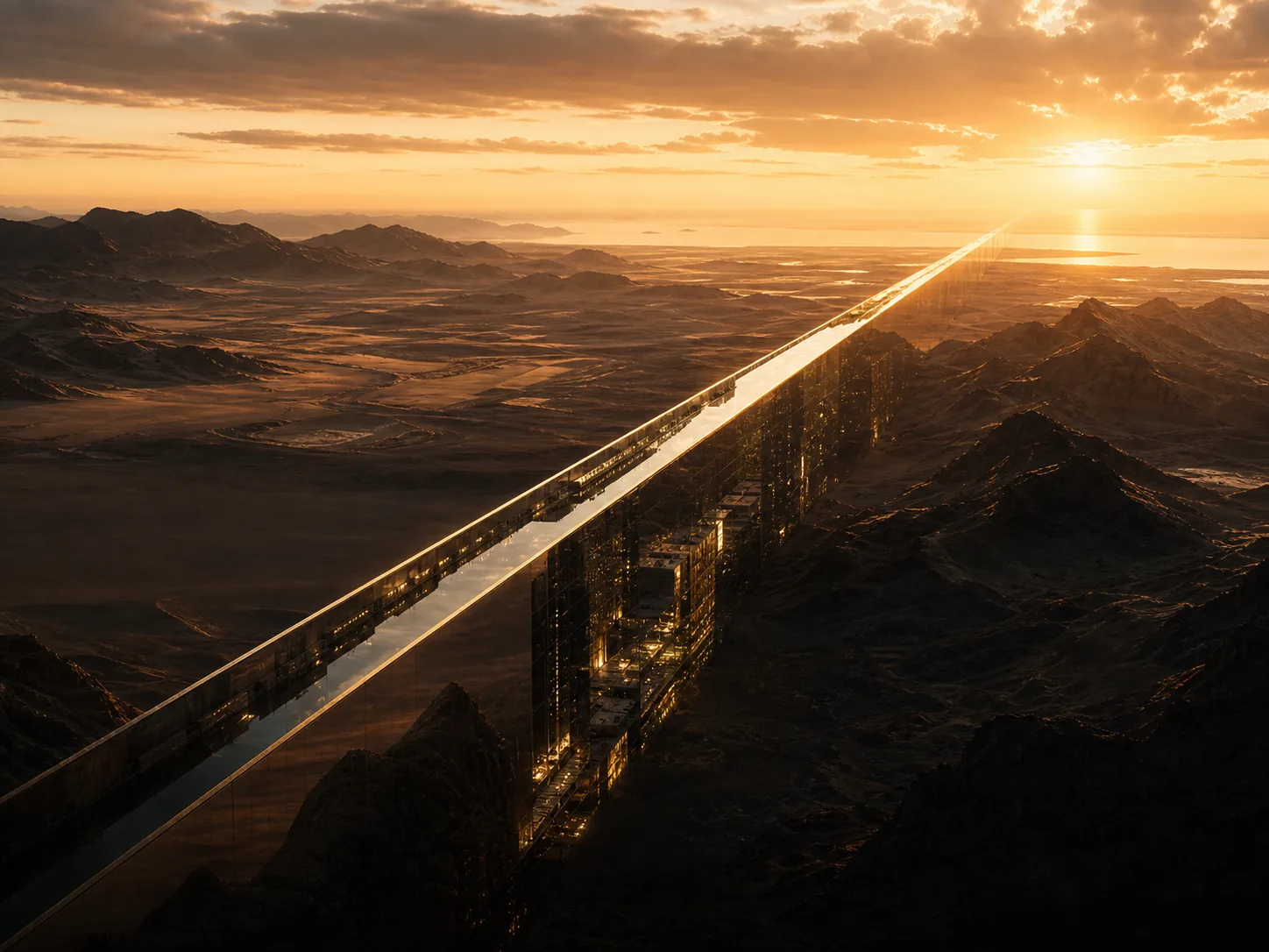 The Line — mirrored linear city stretching across the desert
