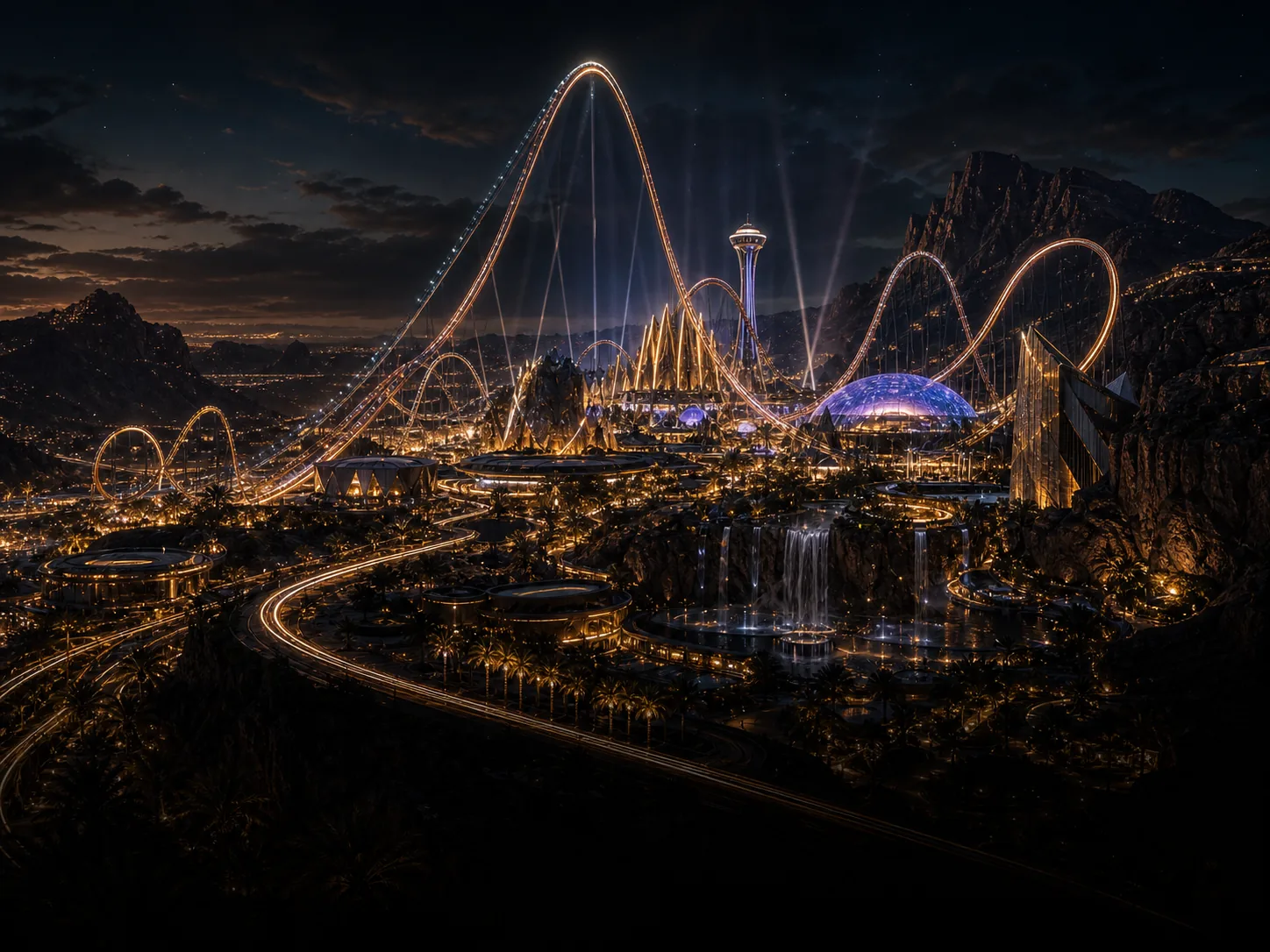 Qiddiya — illuminated entertainment arches at night